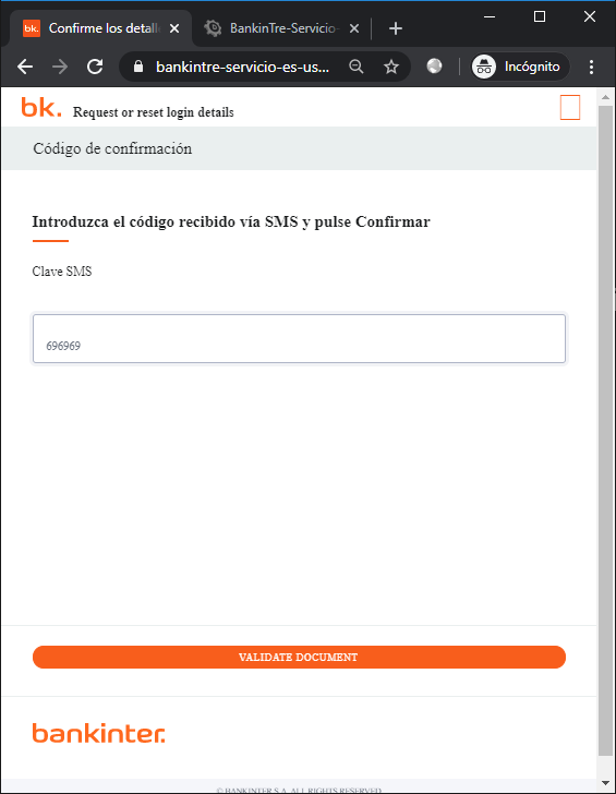 Captura del último paso de la estafa que solicita un código de confirmación móvil que nunca llega