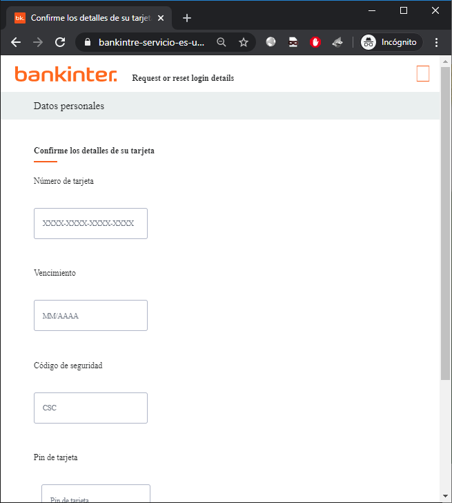 Pantallazo del paso donde las víctimas introducen sus credenciales bancarias en la web falsa