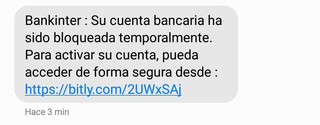 Captura del SMS fraudulento utilizado para iniciar la campaña de phishing contra Bankinter solicitando credenciales bancarias