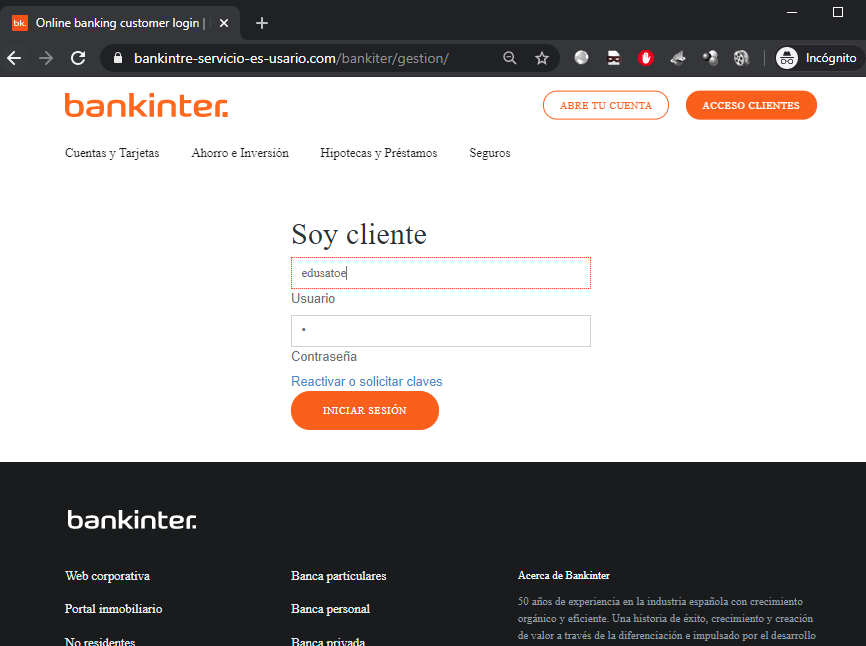 Pantallazo de la web falsa que simula la banca online de Bankinter tras hacer clic en el enlace del SMS